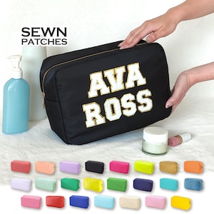 Personalized XL Makeup Bag Cosmetic Bag Sewn Patches Custom Nylon Pouch Chenille Patch X-Large Travel Case Toiletry spf Bag Bridesmaid Gift