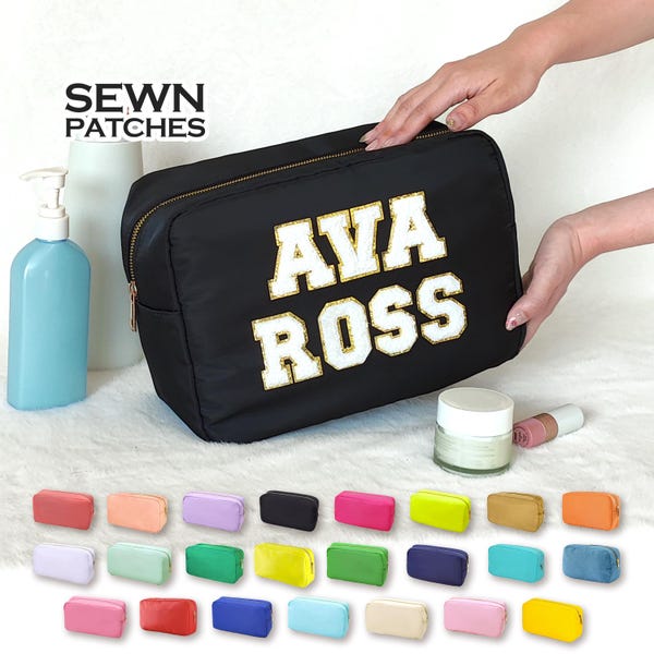 Personalized XL Makeup Bag Cosmetic Bag Sewn Patches Custom Nylon Pouch Chenille Patch X-Large Travel Case Toiletry spf Bag Bridesmaid Gift