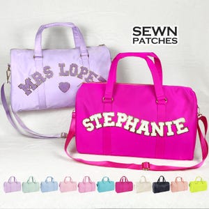 Personalized Duffle Bag Sewn Patches Nylon Duffle Bag Chenille Letter Patch Custom Overnight Bag Travel Weekend Gym Duffle Bag Customizable