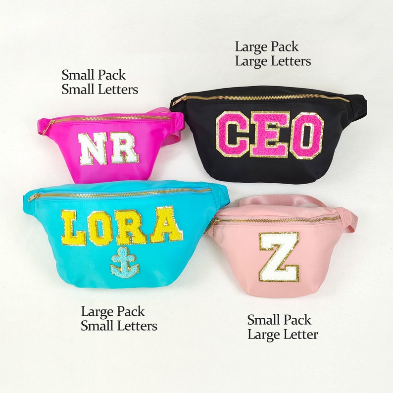 May include: Four fanny packs with different names and letter sizes. The first is pink with the letters "NR" in white. The second is turquoise with the letters "LORA" in yellow and an anchor symbol. The third is black with the letters "CEO" in pink. The fourth is pink with the letter "Z" in white.