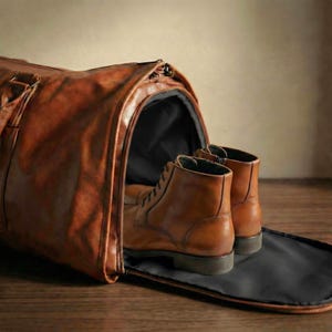 Puede incluir: Una bolsa de viaje de cuero color canela con un compartimento lateral con cierre de cremallera. Dentro del compartimento lateral abierto, hay un par de botas de cuero con cordones del mismo color. La bolsa tiene una textura lisa y oscura.