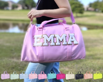 Duffle Bag Sewn Patches Personalized Nylon Duffle Bag Chenille Letter Patch Custom Overnight Bag Travel Weekend Gym Duffle Bag Customizable