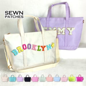 Sacola personalizada com remendos costurados, sacola de nylon com remendo de letra de chenille, bolsa de compras personalizada para pernoite, bolsa de ginástica personalizável