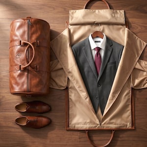 May include: A brown leather duffel bag with the initials BG, a pair of brown leather dress shoes, and a charcoal gray suit jacket with a white dress shirt and a dark red necktie displayed inside an open tan garment bag.
