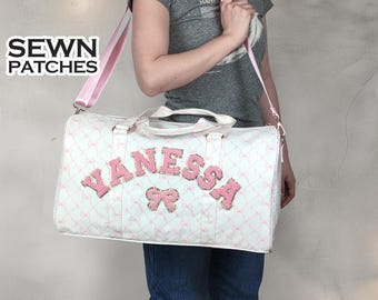 Pattern Duffle Bag Custom Nylon Duffle Bag Sewn Chenille Letter Patches Personalized Overnight Gym Travel Weekend Dance Bag Customizable