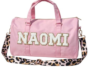 Personalized Duffle Bag Woven Strap Nylon Duffle Bag Sewn Chenille Letter Patches Custom Overnight Gym Travel Weekend Dance Bag Customizable