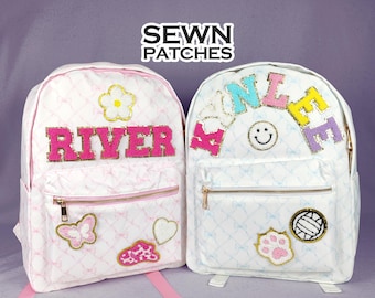 Rugzak met genaaide patches Gepersonaliseerde nylon rugzak met patch Chenille Letter Aangepast patroon Schooltas Terug naar school Lunchboxtas voor kinderen