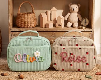 Personalized Corduroy Kids Lunch Bag, Custom Name Toddler Preschool Lunchbox, Cute School Lunch Tote, Back to School Gift for Girls Boys