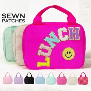 Borsa per il pranzo personalizzata, borsa per il pranzo personalizzata con toppe per bambini della scuola, borsa per il pranzo in ciniglia di nylon con lettere, borsa termica isolata, sport, viaggio, Bento