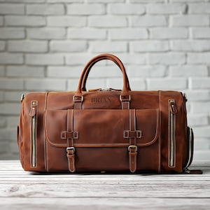 Personalized Full Grain Leather Duffle Bag Custom Mens Travel Bag Monogram Overnight Bag Fathers Day Gift Travel Weekend Bag Groomsmen Gift