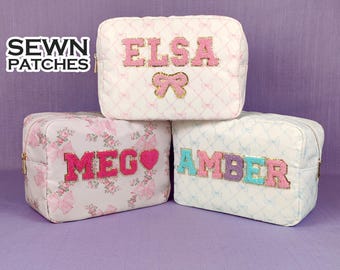 Custom XL Cosmetic Bag Sewn on Patches Personalized X-Large Makeup Bag Nylon Pouch Chenille Pattern Case Toiletry SPF Bag Bridesmaid Gift