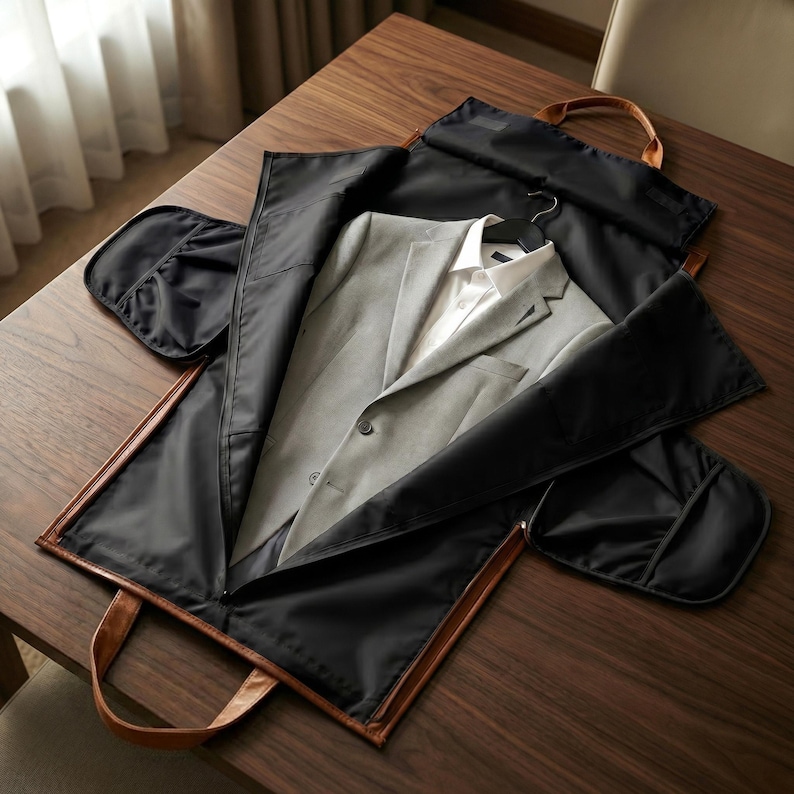 Puede incluir: Una funda para ropa negra con ribetes y asas de aspecto cuero marr&oacute;n, que contiene un blazer gris claro sobre una camisa blanca con cuello. La funda cuenta con una cremallera central, bolsillos internos y un gancho para percha superior.