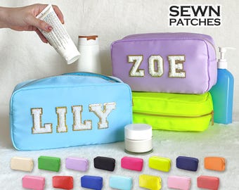 Sewn Patches L-Size Cosmetic Bag Personalized Makeup Nylon Bag Custom Pouch Chenille Patch Large Travel Case Toiletry spf Bag Bride Gift