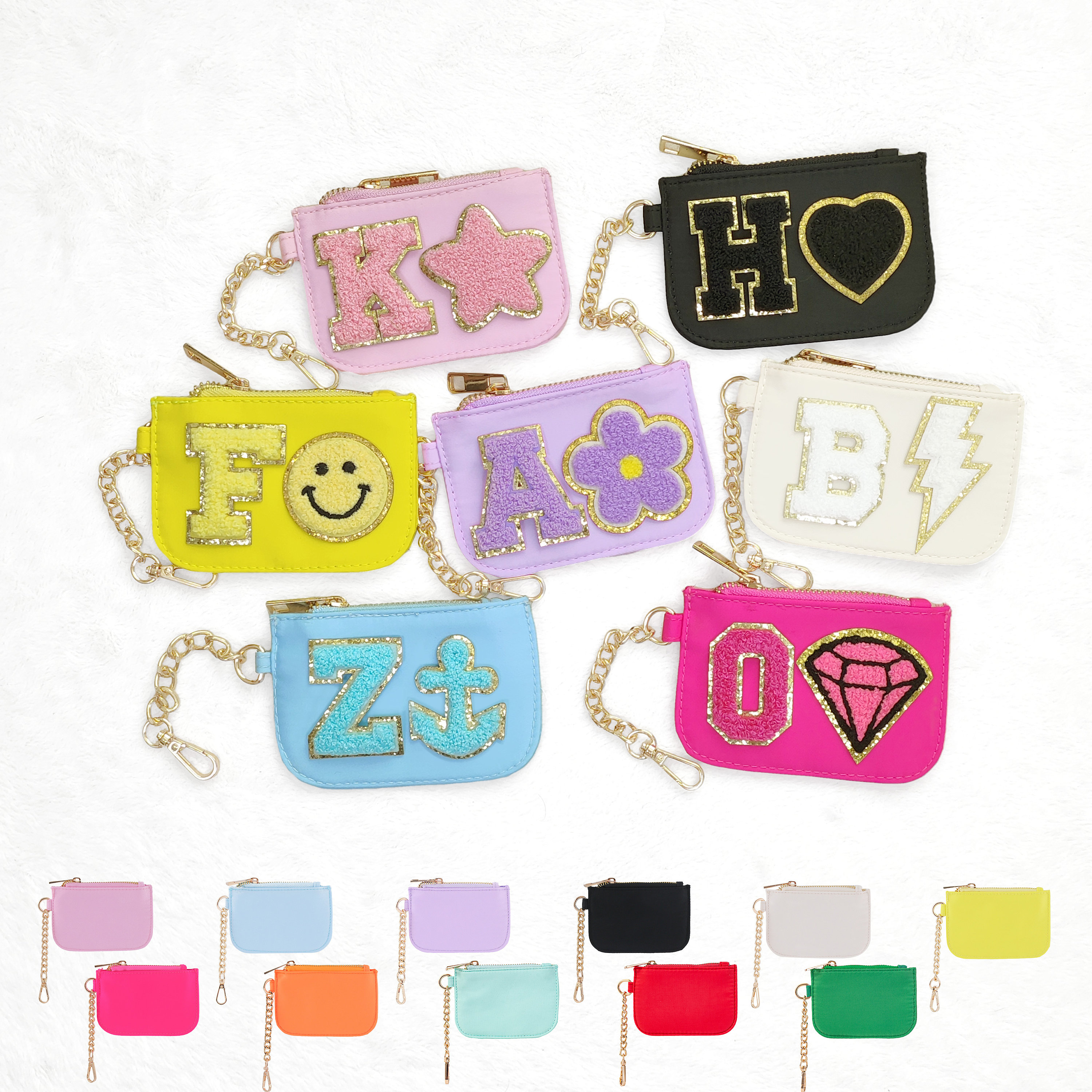 Custom Change Purse Personalized Coin Purse Keychain Wallet Pouch Nylon Chenille Initial Letter Patch Card Holder Patches Keychain Coin Bag