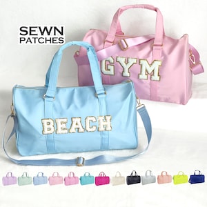Custom Duffle Bag Sewn on Patches Personalized Nylon Duffle Bag Chenille Letter Patch Sleepover Bag Travel Weekend Gym  Overnight Duffle Bag