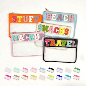 Bolsa transparente personalizada con parches de nailon transparente, bolsa con cremallera, organizador de maquillaje, refrigerios, cosméticos, artículos de tocador de viaje, FPS, plana, personalizable, de chenilla.