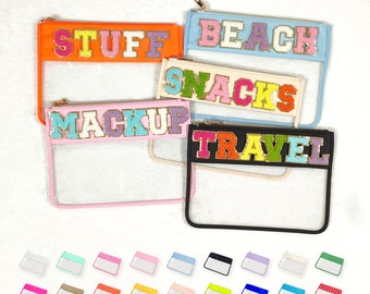 Personalized Clear Pouch Clear Nylon Patches Bag Zip Pouch Makeup Snacks Cosmetic Travel Toiletry Organizer SPF Flat Customizable Chenille