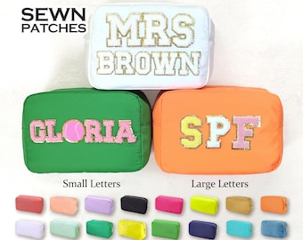 Personalized XL Makeup Bag Cosmetic Bag Sewn Patches Custom Nylon Pouch Chenille Patch X-Large Travel Case Toiletry spf Bag Bridesmaid Gift