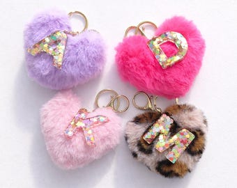 Personalized Faux Fur Heart PomPom Bag Charm Custom Initial Keychain Build Your Own Bag Charm Fluffy Purse  Backpack Charm Cute Accessory
