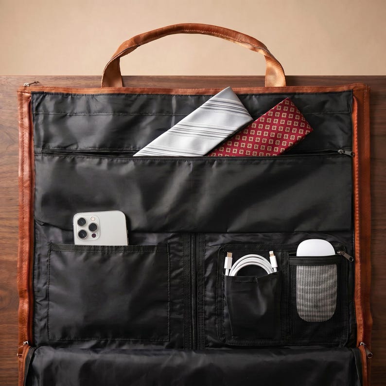 Puede incluir: Una funda para ropa de cuero marr&oacute;n con un interior negro y m&uacute;ltiples compartimentos de almacenamiento. La bolsa contiene un tel&eacute;fono inteligente blanco, un cable de carga blanco, un rat&oacute;n de ordenador blanco, una corbata gris a rayas y una corbata roja estampada.