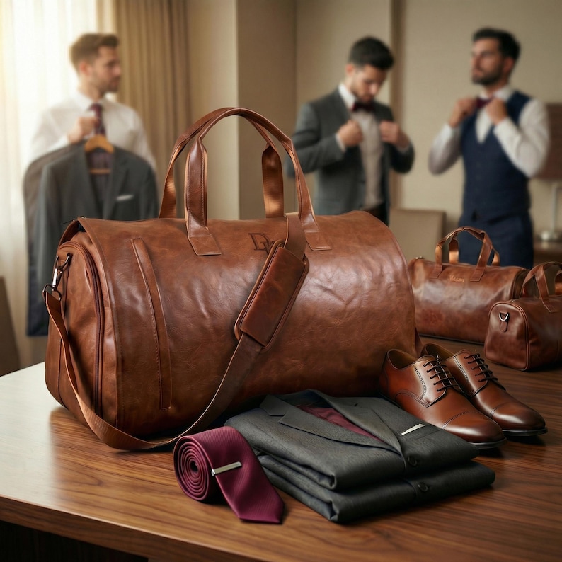 Bolsa de viaje de cuero personalizada para hombre, convertible, con compartimento para zapatos, ideal para viajes, padrinos de boda, regalo del Día del Padre o graduación. imagen 5