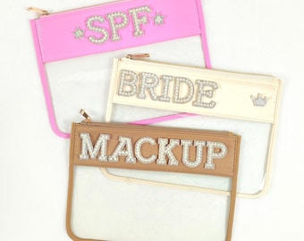 Personalized Clear Pouch Clear Nylon Patches Bag Zip Pouch Makeup Snacks Cosmetic Travel Toiletry Organizer SPF Flat Customizable Chenille