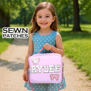 Custom Lunch Box Bag Personalized Lunch Bag Chenille Patches Kid Lunch Bag with Strap Back to school Monogram Customizable Patch Nylon Bento