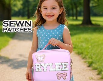 Benutzerdefinierte Lunch Box Tasche Personalisierte Lunch Bag Chenille Patches Kid Lunch Bag mit Strap Back to Schule Monogramm Kundengerechte Flecken-Nylon Bento
