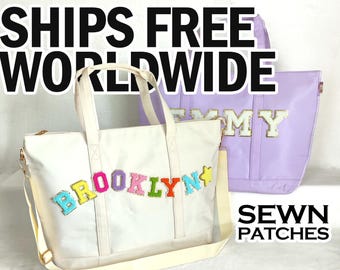 Personalized Tote Bag Sewn Patches Nylon Tote Bag With Chenille Letter Patch Custom Overnight Bag Shopping Bag Tote Bag Gym Bag Customizable