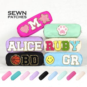 Estuche para lápices con parches cosidos, estuche de nailon personalizado, parche de chenilla, letra personalizada, bolsa para niños, regreso a clases, bolsa de maquillaje con iniciales personalizadas
