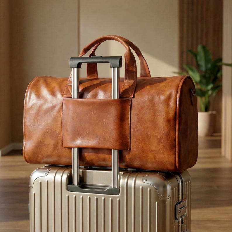 Puede incluir: Una bolsa de viaje de cuero marr&oacute;n con dos asas superiores y una funda trasera, colocada sobre el asa telesc&oacute;pica plateada extendida de una maleta r&iacute;gida met&aacute;lica con ranuras verticales para facilitar el transporte.