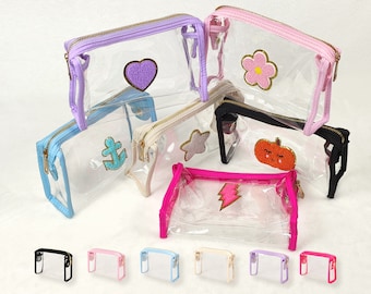 Bolsa de cosméticos transparente con parches personalizados, neceser de viaje, bolsa de maquillaje de nailon con cremallera, letras de parche de chenilla personalizadas, regalo para dama de honor.