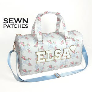 Bolsa de lona personalizada con patrón de nailon, parches de letras con monograma cosidos a medida, ideal para gimnasios, viajes de fin de semana, gimnasios y bailes.