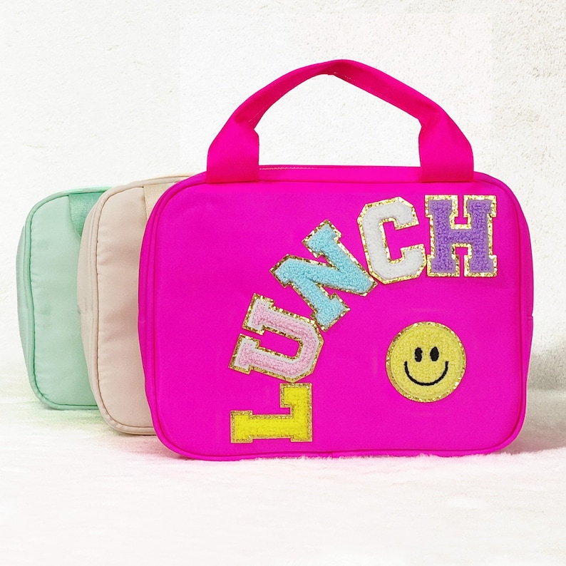 Personalized Lunch Box Bag Custom Lunchbox with Patches School Kids Nylon Chenille Letter Lunch Bag Insulated cooler Back to School Bento image 4