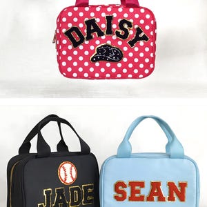 Personalized Lunch Box Bag Custom Lunchbox with Patches School Kids Nylon Chenille Letter Lunch Bag Insulated cooler Back to School Bento image 5