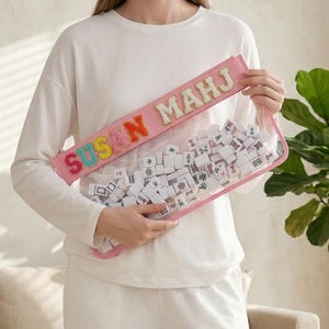 Personalisierte Mahjong Tasche Nylon Fliesen Beutel mit Chenille Patches Name XL Make-up Reiseutensilien Täglich Kulturtasche Baby Organizer