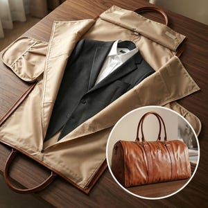 May include: A tan garment bag containing a dark gray suit jacket and a white button-down shirt, accompanied by an inset circular image showing a brown leather duffel bag with two handles and a small embossed logo on the front exterior surface.