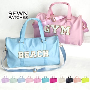 Bolsa de lona personalizada con parches cosidos, bolsa de lona de nailon personalizada, bolsa de chenilla con parche de letras, bolsa de dormir, bolsa de viaje para fin de semana, bolsa de gimnasio para pasar la noche.