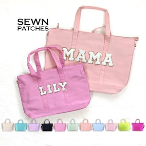 Bolso de mano pequeño Bolso de mano grande Parches cosidos personalizados Bolso de mano de nailon Parche de letras de chenilla Bolso de noche personalizado Tamaño S Tamaño L Personalizable