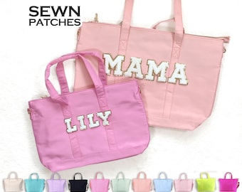 Large and Small Tote Bag Personalized Sewn On Patches Nylon Tote Bag Initial Letter Chenille Patch Custom Overnight Dance Bag Customizable