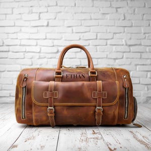 Personalized Full Grain Leather Duffle Bag Custom Mens Travel Bag Monogram Overnight Bag Fathers Day Gift Travel Weekend Bag Groomsmen Gift