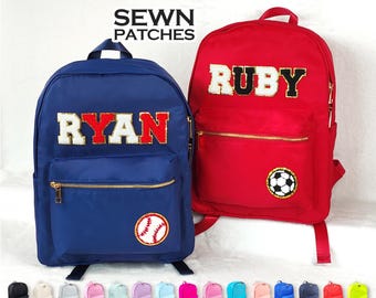 Sewn Patches Backpack Personalized Nylon Backpack with Patch Chenille Letter Custom School Bag for Kids Back to School Gifts for Student