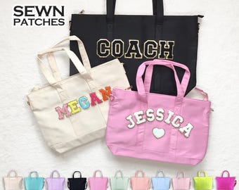 Large Tote Bag Small Tote Bag Personalized Sewn Patches Nylon Tote Bag Chenille Letter Patch Custom Overnight Bag S Size L Size Customizable