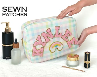 Personalized Makeup Bag Cosmetic Bag Sewn Patches Custom Nylon Pouch Chenille Patch Travel Case Toiletry Plaid Bag Bridesmaid