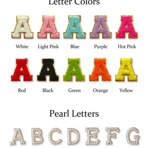 May include: Assortment of felt letter patches in various colors, including white, light pink, blue, purple, hot pink, red, black, green, orange, and yellow.  The letters are all the letter "A" and have a gold outline.  Below the felt letters are pearl letters that spell out "ABCDEFG".