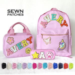 Mochila con parches cosidos, mochila de nailon personalizada con parche de chenilla y letras, mochila escolar personalizada, lonchera para niños para el regreso a clases, bolsa para el almuerzo