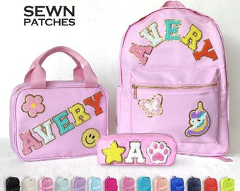 Sewn Patches Backpack Personalized Nylon Backpack with Patch Chenille Letter Custom School Bag Kids Back to School Lunch Box Bag Lunch Bag