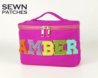 Personalized Cosmetic Case Makeup Bag Sewn on Chenille Patches Vanity Case w/ Handle Custom Nylon Pouch Case Toiletry Bag Bridesmaid Gifts