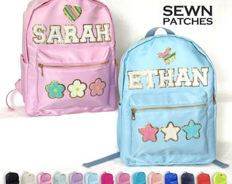 Sewn Patches Backpack Personalized Nylon Backpack with Patch Chenille Letter Custom School Bag Kids Back to School Lunch Box Bag Lunch Bag
