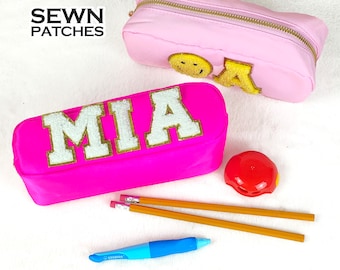 Sewn Patches Pencil Bag Personalized Nylon Pencil Case Patch Chenille Letter Custom Pouch Kids Back to School Customized Initial Makeup Bag